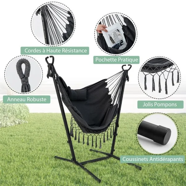Hamac sur Pied avec Support en Métal et Porte-Téléphone Charge 250KG Hamac de Jardin avec Oreiller et Poche Latérale Gris