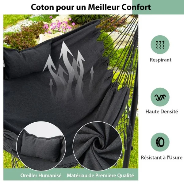 Hamac sur Pied avec Support en Métal et Porte-Téléphone Charge 250KG Hamac de Jardin avec Oreiller et Poche Latérale Gris