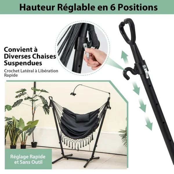 Hamac sur Pied avec Support en Métal et Porte-Téléphone Charge 250KG Hamac de Jardin avec Oreiller et Poche Latérale Gris