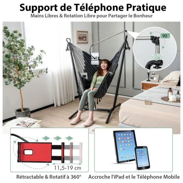 Hamac sur Pied avec Support en Métal et Porte-Téléphone Charge 250KG Hamac de Jardin avec Oreiller et Poche Latérale Gris