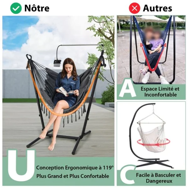 Hamac sur Pied avec Support en Métal et Porte-Téléphone Charge 250KG Hamac de Jardin avec Oreiller et Poche Latérale Gris