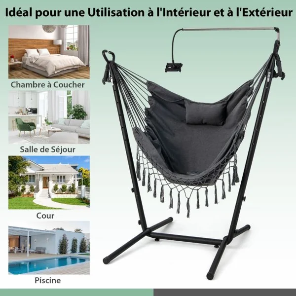 Hamac sur Pied avec Support en Métal et Porte-Téléphone Charge 250KG Hamac de Jardin avec Oreiller et Poche Latérale Gris