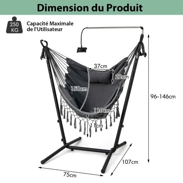 Hamac sur Pied avec Support en Métal et Porte-Téléphone Charge 250KG Hamac de Jardin avec Oreiller et Poche Latérale Gris