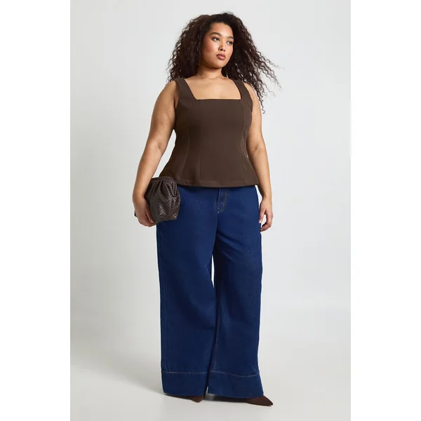 Haut Peplum Grande Taille En Sergé À Encolure Carrée