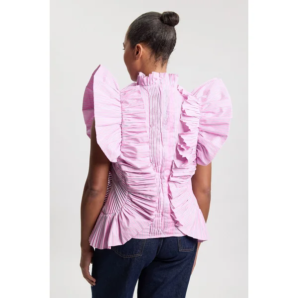 Haut Tissé Grande Taille À Rayures Plissées Et Manches À Volants