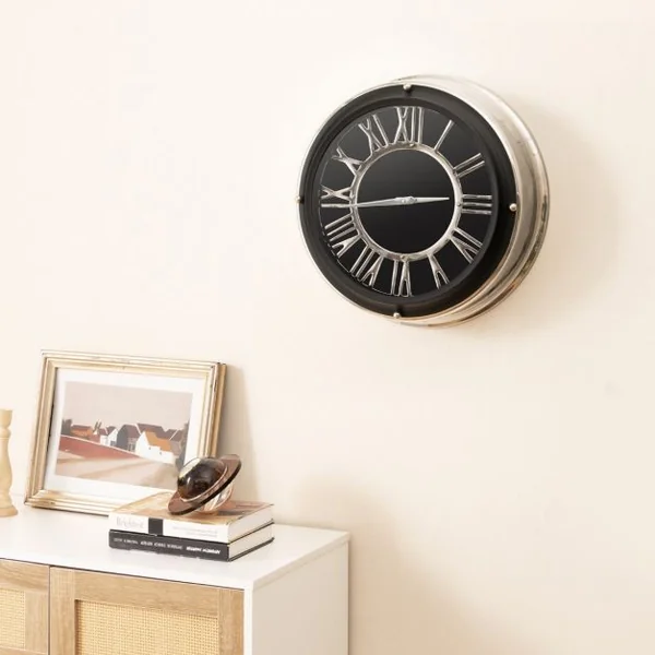 Horloge Murale Silencieuse Cadre Argenté Chiffres Romains Argentés Couvercle en Verre Grande Horloge Murale Décorative Moderne 34,5/45 Cm