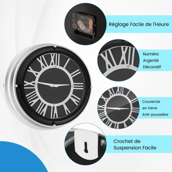 Horloge Murale Silencieuse Cadre Argenté Chiffres Romains Argentés Couvercle en Verre Grande Horloge Murale Décorative Moderne 34,5/45 Cm