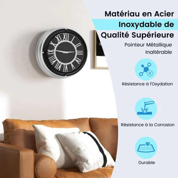 Horloge Murale Silencieuse Cadre Argenté Chiffres Romains Argentés Couvercle en Verre Grande Horloge Murale Décorative Moderne 34,5/45 Cm