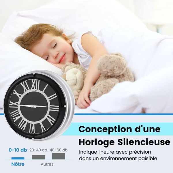 Horloge Murale Silencieuse Cadre Argenté Chiffres Romains Argentés Couvercle en Verre Grande Horloge Murale Décorative Moderne 34,5/45 Cm