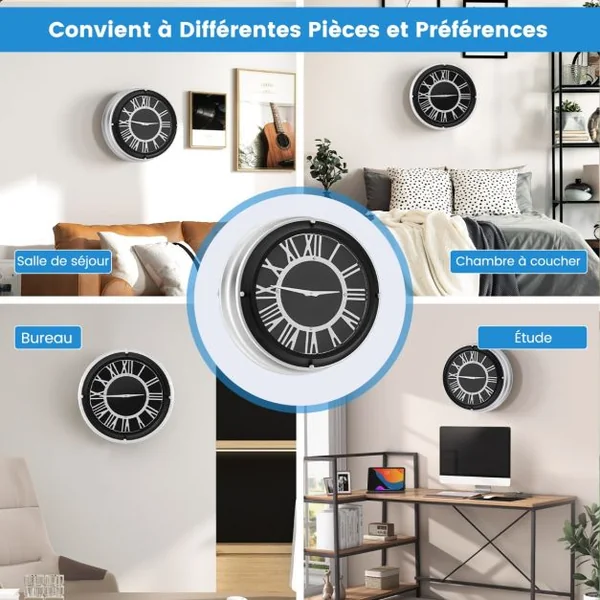 Horloge Murale Silencieuse Cadre Argenté Chiffres Romains Argentés Couvercle en Verre Grande Horloge Murale Décorative Moderne 34,5/45 Cm