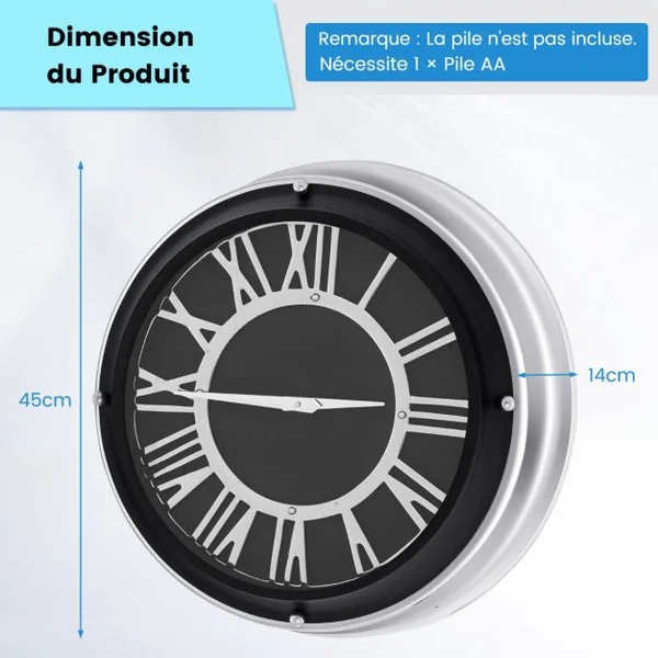 Horloge Murale Silencieuse Cadre Argenté Chiffres Romains Argentés Couvercle en Verre Grande Horloge Murale Décorative Moderne 34,5/45 Cm