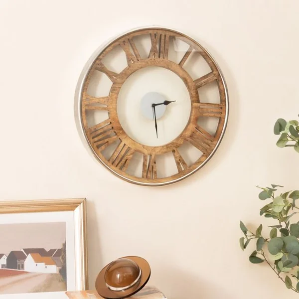 Horloge Murale Vintage Chiffres Romains Couvercle en Verre Silencieuse Dia 40 CM