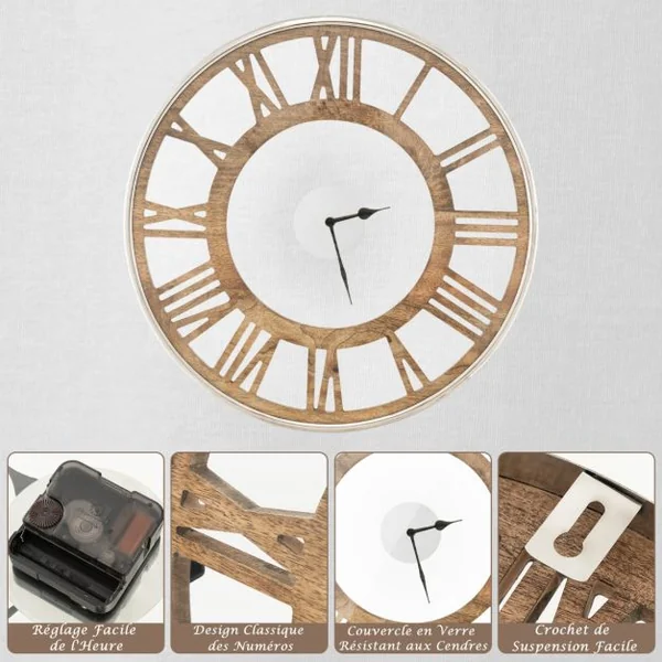 Horloge Murale Vintage Chiffres Romains Couvercle en Verre Silencieuse Dia 40 CM