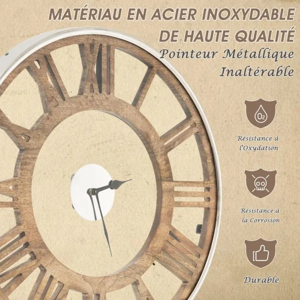 Horloge Murale Vintage Chiffres Romains Couvercle en Verre Silencieuse Dia 40 CM
