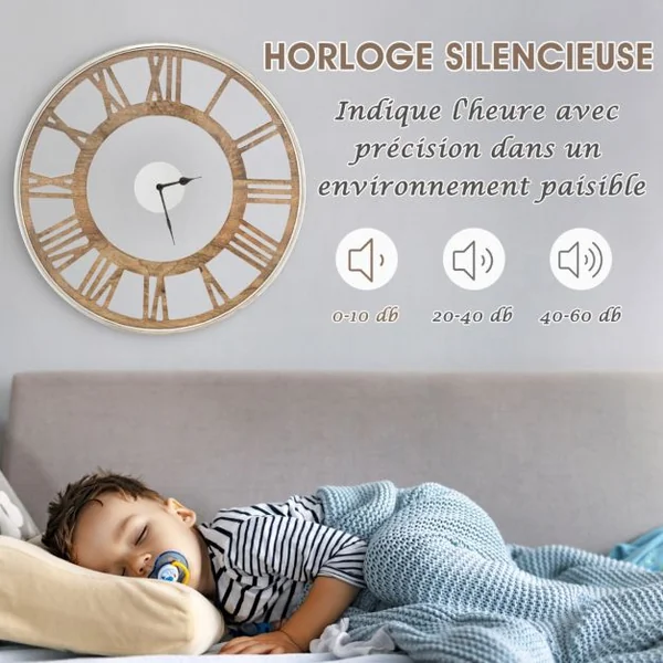Horloge Murale Vintage Chiffres Romains Couvercle en Verre Silencieuse Dia 40 CM