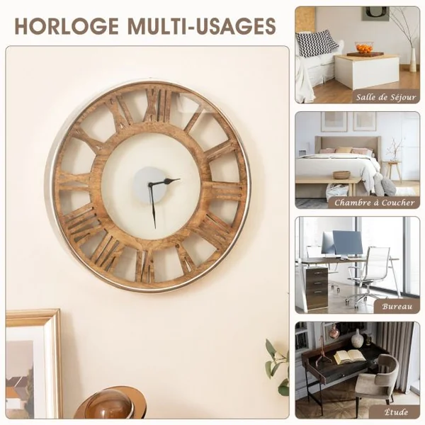Horloge Murale Vintage Chiffres Romains Couvercle en Verre Silencieuse Dia 40 CM
