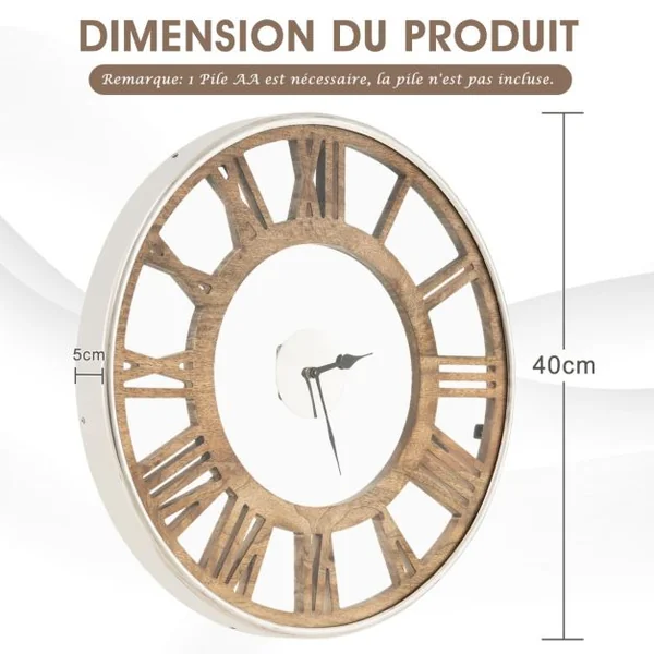 Horloge Murale Vintage Chiffres Romains Couvercle en Verre Silencieuse Dia 40 CM