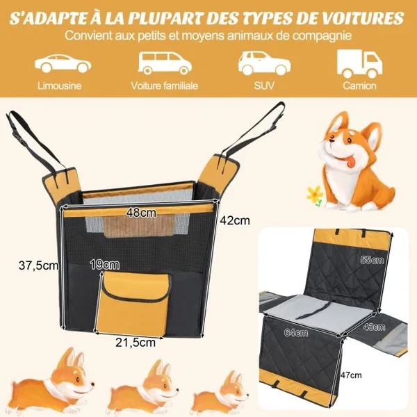 Housse de Siège de Voiture pour Animaux Coussin Amovible Housses de Siège d'auto pour Chien 2 Fenêtres Grillagées Noir