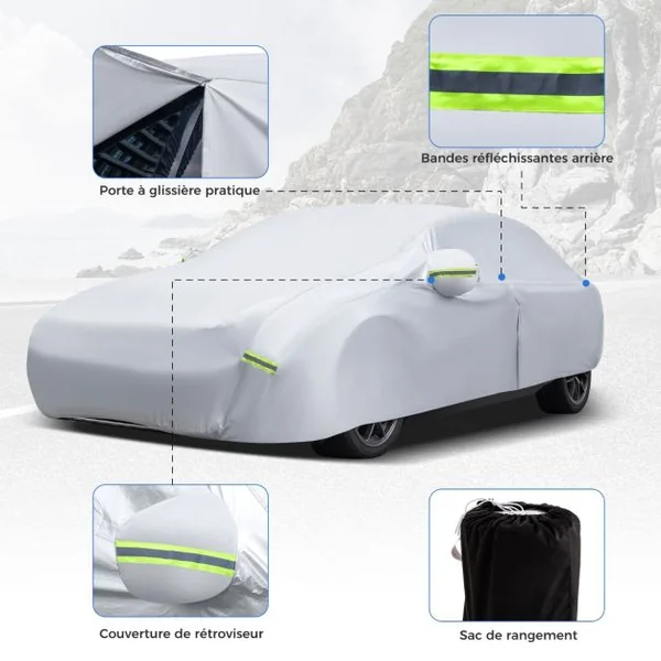 Housse de Voiture Imperméable avec Bande Lumineuse&Porte Zippée pour Berline d'une Longueur Allant Jusqu'à 431/455/479 cm