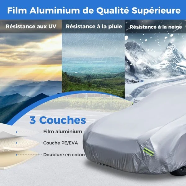 Housse de Voiture Imperméable avec Bande Lumineuse&Porte Zippée pour Berline d'une Longueur Allant Jusqu'à 431/455/479 cm