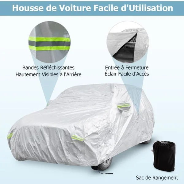 Housse de Voiture Universelle de 483/492/516 cm Résistante aux UV Pluie et Neige avec Porte à Fermeture Éclair Bandes Réfléchissantes et Sac de Rangement