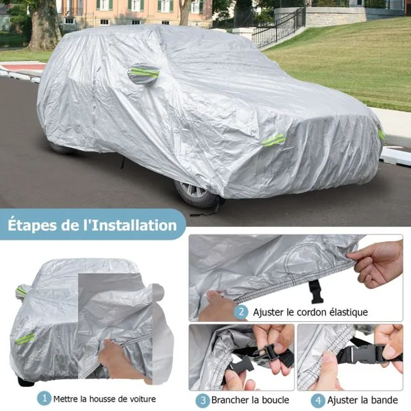 Housse de Voiture Universelle de 483/492/516 cm Résistante aux UV Pluie et Neige avec Porte à Fermeture Éclair Bandes Réfléchissantes et Sac de Rangement