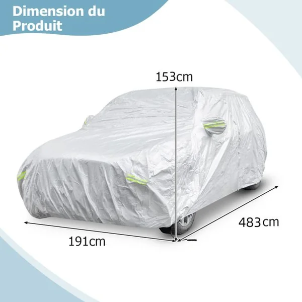 Housse de Voiture Universelle de 483/492/516 cm Résistante aux UV Pluie et Neige avec Porte à Fermeture Éclair Bandes Réfléchissantes et Sac de Rangement