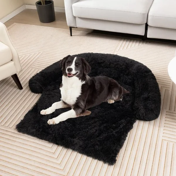 Housse en Peluche pour Chien Dessous Antidérapant Amovible Lavable Traversin Doux pour Le Cou Petite Taille 101 x 89 x 16 CM Noir