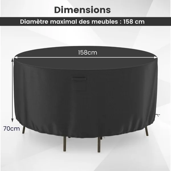 Housse pour Table de Jardin Ronde de 158/183/213cm Housse Protection de Meubles de Patio avec Bouches d'Aération Boucles et Cordons de Serrage Noir-S