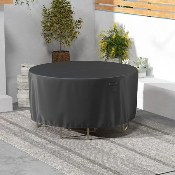 Housse pour Table de Jardin Ronde de 158/183/213cm Housse Protection de Meubles de Patio avec Bouches d'Aération Boucles et Cordons de Serrage Noir-S