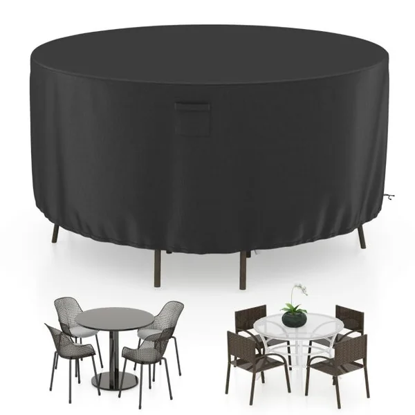 Housse pour Table de Jardin Ronde de 158/183/213cm Housse Protection de Meubles de Patio avec Bouches d'Aération Boucles et Cordons de Serrage Noir-S