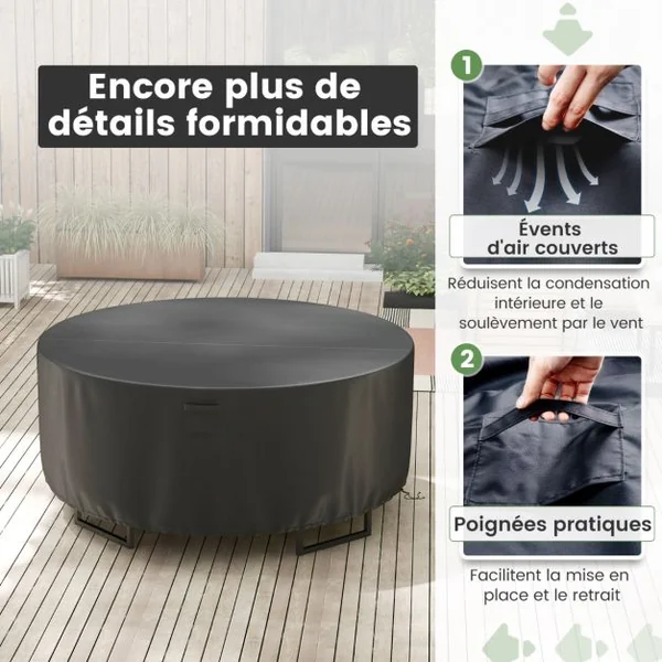 Housse pour Table de Jardin Ronde de 158/183/213cm Housse Protection de Meubles de Patio avec Bouches d'Aération Boucles et Cordons de Serrage Noir-S