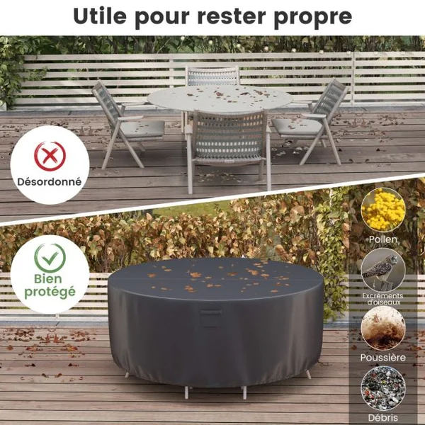 Housse pour Table de Jardin Ronde de 158/183/213cm Housse Protection de Meubles de Patio avec Bouches d'Aération Boucles et Cordons de Serrage Noir-S