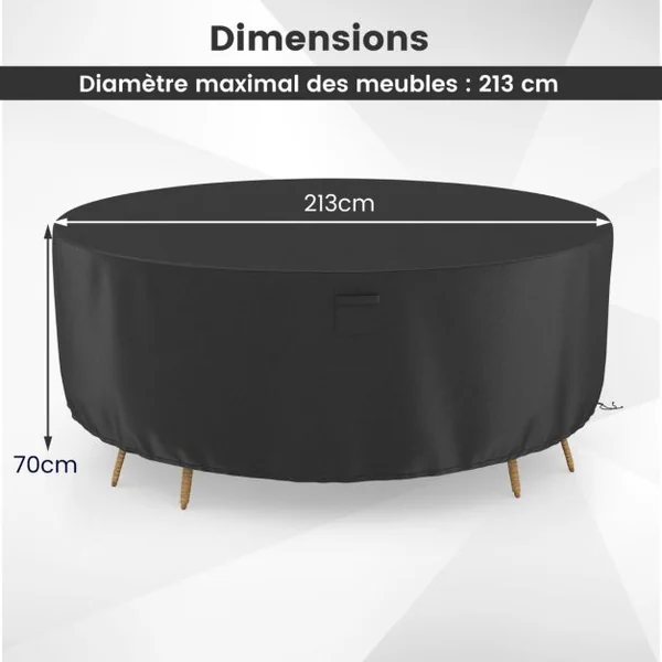 Housse pour Table de Jardin Ronde de 158/183/213cm Housse Protection de Meubles de Patio avec Bouches d'Aération Boucles et Cordons de Serrage Noir-S