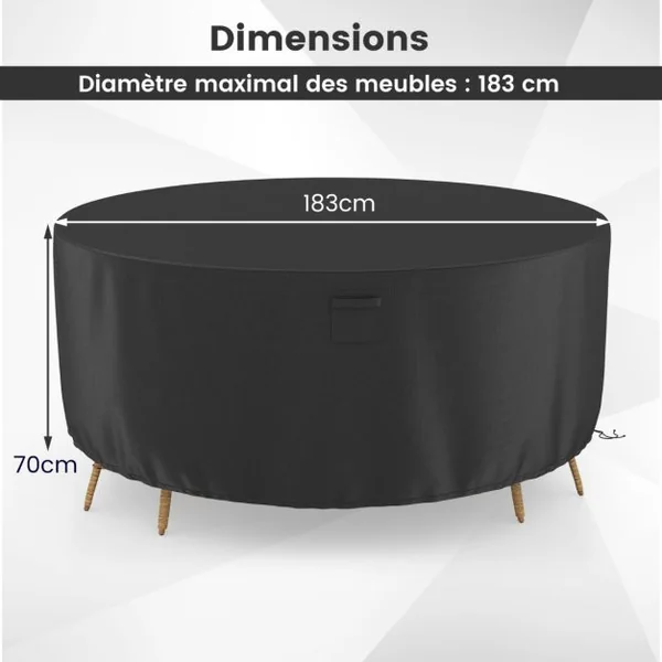 Housse pour Table de Jardin Ronde de 158/183/213cm Housse Protection de Meubles de Patio avec Bouches d'Aération Boucles et Cordons de Serrage Noir-S