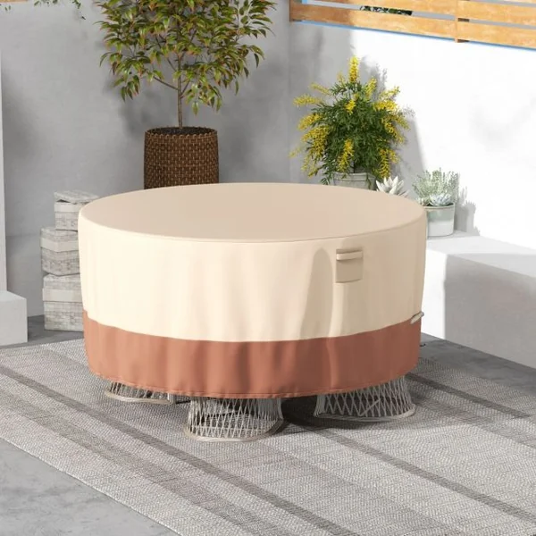 Housse pour Table de Jardin Ronde de 158cm Housse Protection de Meubles de Patio avec Bouches d'Aération Boucles et Cordons de Serrage Beige-S