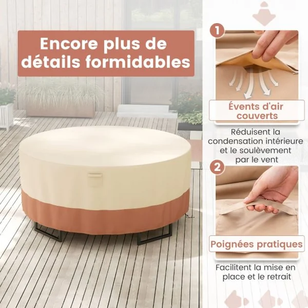 Housse pour Table de Jardin Ronde de 158cm Housse Protection de Meubles de Patio avec Bouches d'Aération Boucles et Cordons de Serrage Beige-S