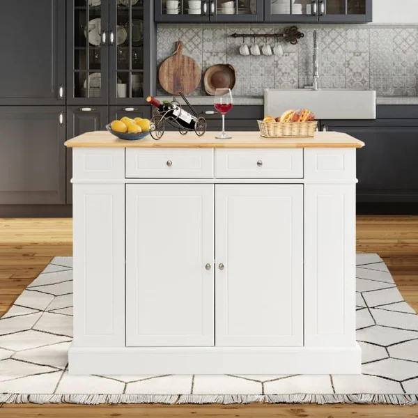 Ilot Central Cuisine avec Tiroirs et 2 Portes 120x61x92cm Desserte de Cuisine avec Étagère Réglable Étagères Latéraux Blanc/Noir