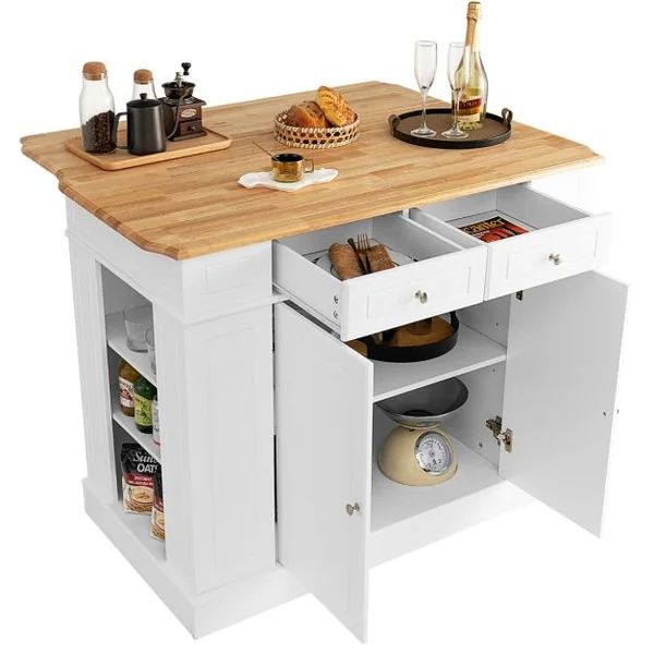 Ilot Central Cuisine avec Tiroirs et 2 Portes 120x61x92cm Desserte de Cuisine avec Étagère Réglable Étagères Latéraux Blanc/Noir