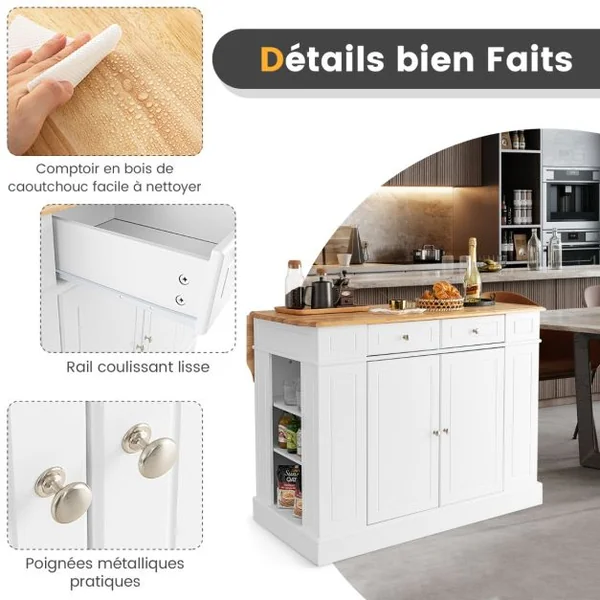 Ilot Central Cuisine avec Tiroirs et 2 Portes 120x61x92cm Desserte de Cuisine avec Étagère Réglable Étagères Latéraux Blanc/Noir