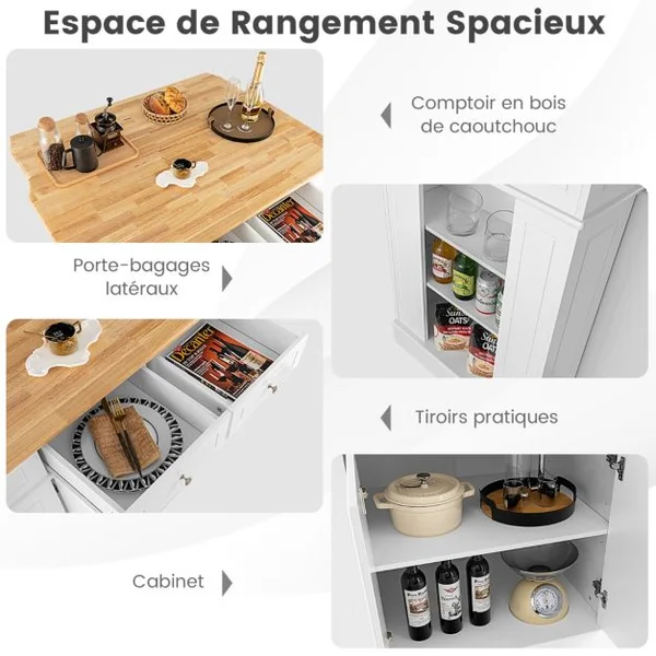 Ilot Central Cuisine avec Tiroirs et 2 Portes 120x61x92cm Desserte de Cuisine avec Étagère Réglable Étagères Latéraux Blanc/Noir