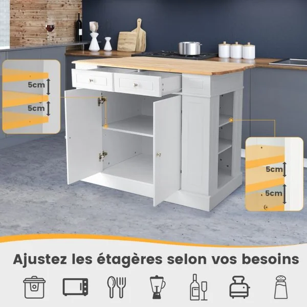 Ilot Central Cuisine avec Tiroirs et 2 Portes 120x61x92cm Desserte de Cuisine avec Étagère Réglable Étagères Latéraux Blanc/Noir