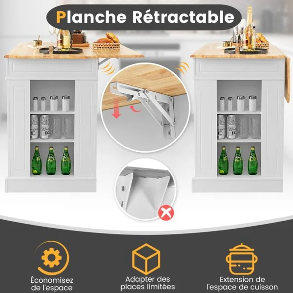 Ilot Central Cuisine avec Tiroirs et 2 Portes 120x61x92cm Desserte de Cuisine avec Étagère Réglable Étagères Latéraux Blanc/Noir