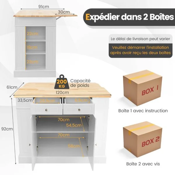 Ilot Central Cuisine avec Tiroirs et 2 Portes 120x61x92cm Desserte de Cuisine avec Étagère Réglable Étagères Latéraux Blanc/Noir