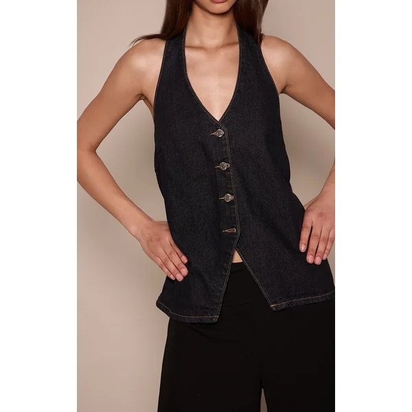 Indigo Brut Délavé Gilet En Jean À Encolure Américaine