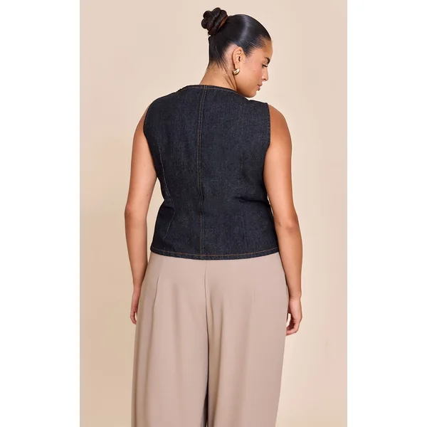 Indigo Brut Délavé Haut En Jean Sans Manches Avec Détail Zip Grande Taille