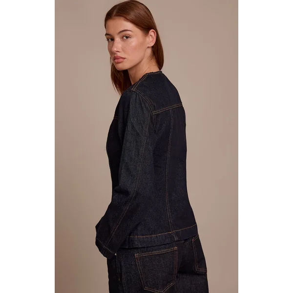 Indigo Brut Délavé Veste En Jean Cintrée À Manches Longues Avec Surpiqûres Contrastées