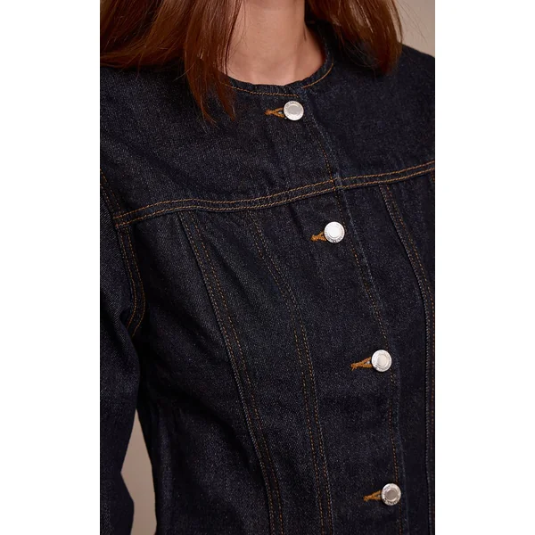 Indigo Brut Délavé Veste En Jean Cintrée À Manches Longues Avec Surpiqûres Contrastées