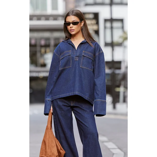 Indigo Jean Large Taille Haute À Surpiqûres Contrastantes