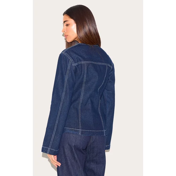 Indigo Veste En Jean Cintrée À Manches Longues Avec Surpiqûres Contrastées